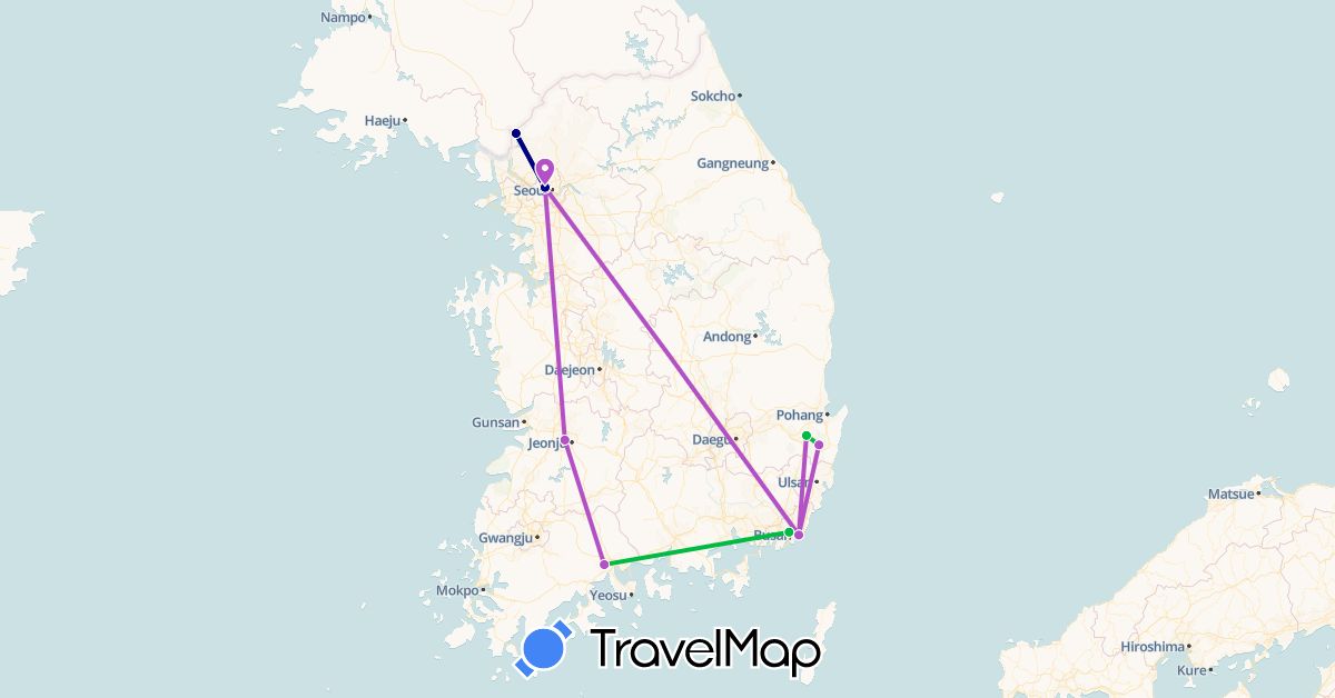 TravelMap itinerary: driving, bus, train in South Korea (Asia)